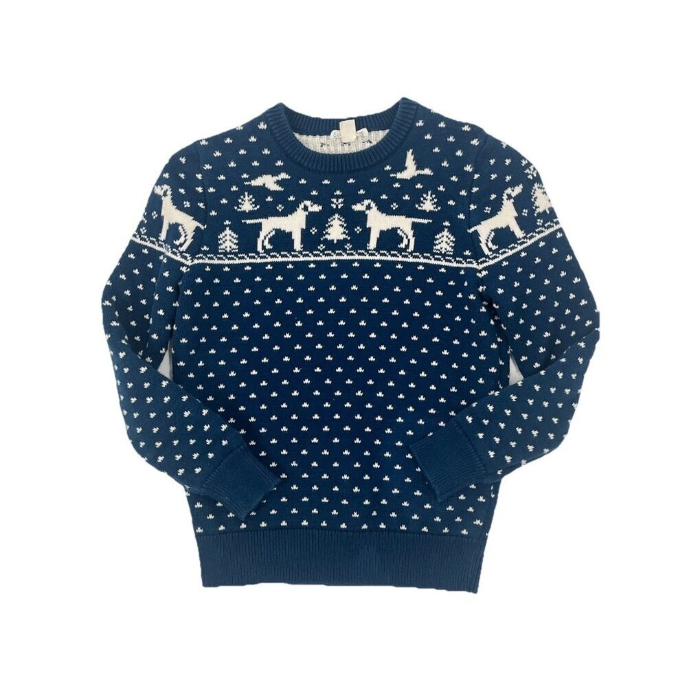 J Crew Fair Isle Navy Blue Crew Neck Sweater Sz Youth M Dogs Winter